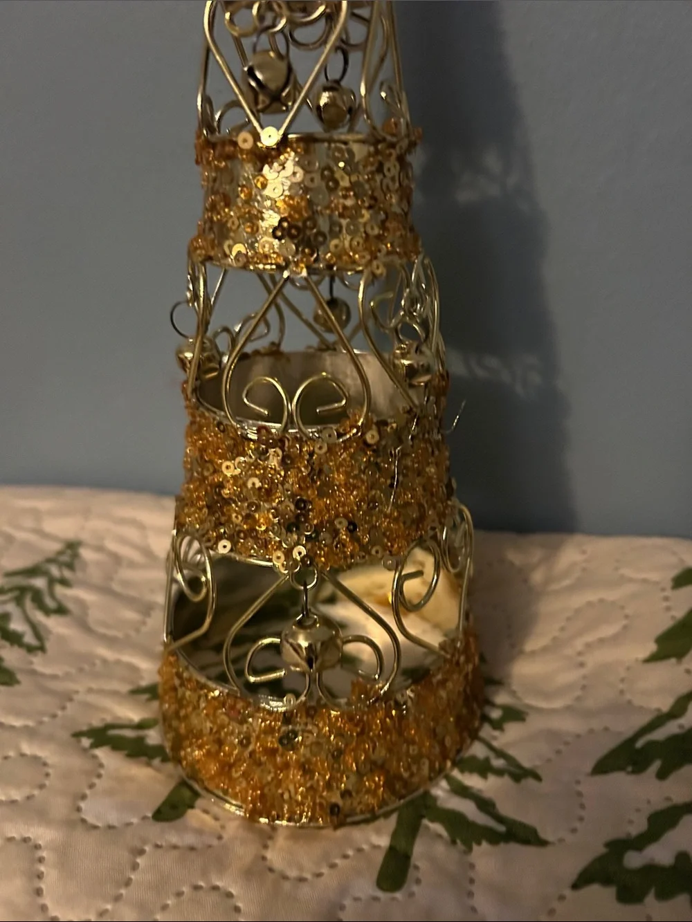 Gold -tone Christmas Tree with gold-tone Star, sequins , jungle bells, hearts